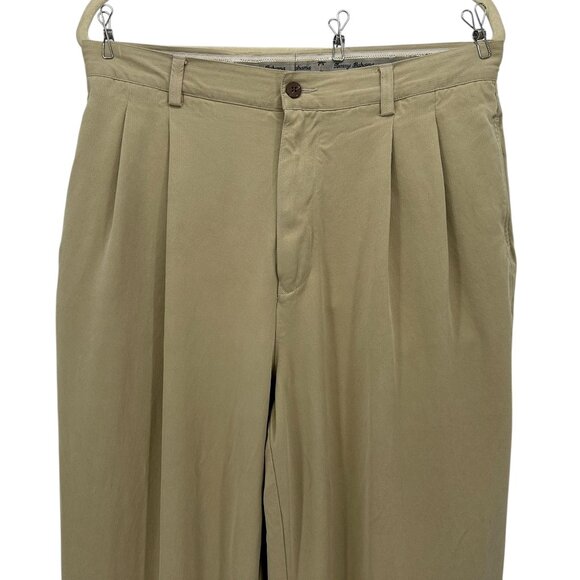 Tommy Bahama Relax Mens 33 Pants Silk Pleated Cuffed Tan Straight Leg - Picture 2 of 11
